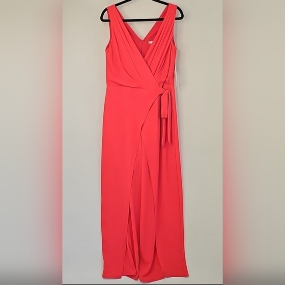 London Style Collection Vibrant Red Sleeveless Vneck Jumpsuit w Wrap Waistline - Picture 13 of 15